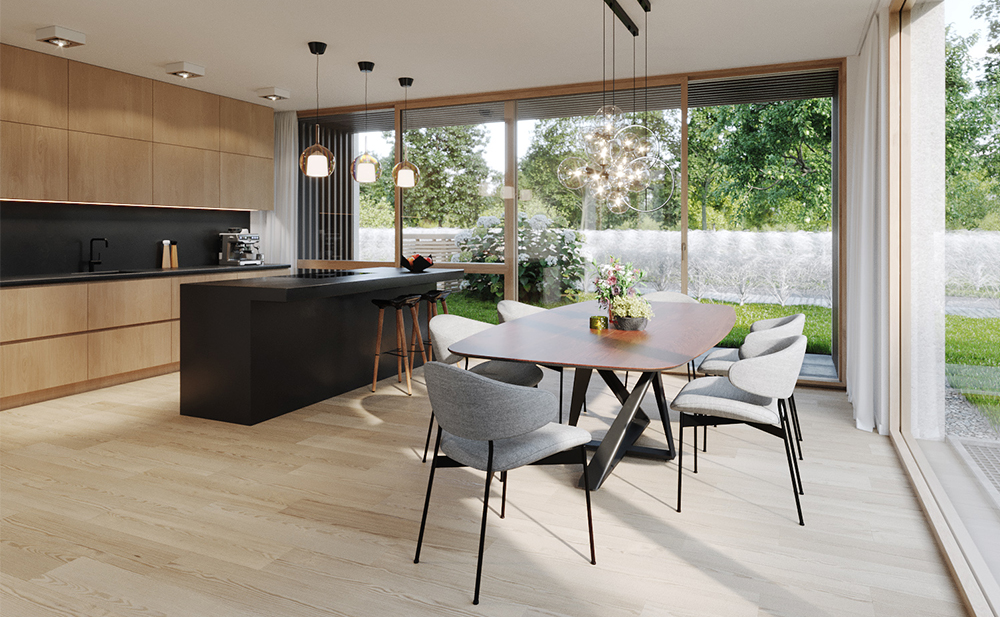 Innenperspektive eines Ess- und Kochbereichs in einer Villa in Gräfelfing (Rendering)