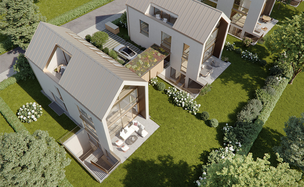 Vogelperspektive eines einer Villa mit Garten in Gräfelfing (Rendering)