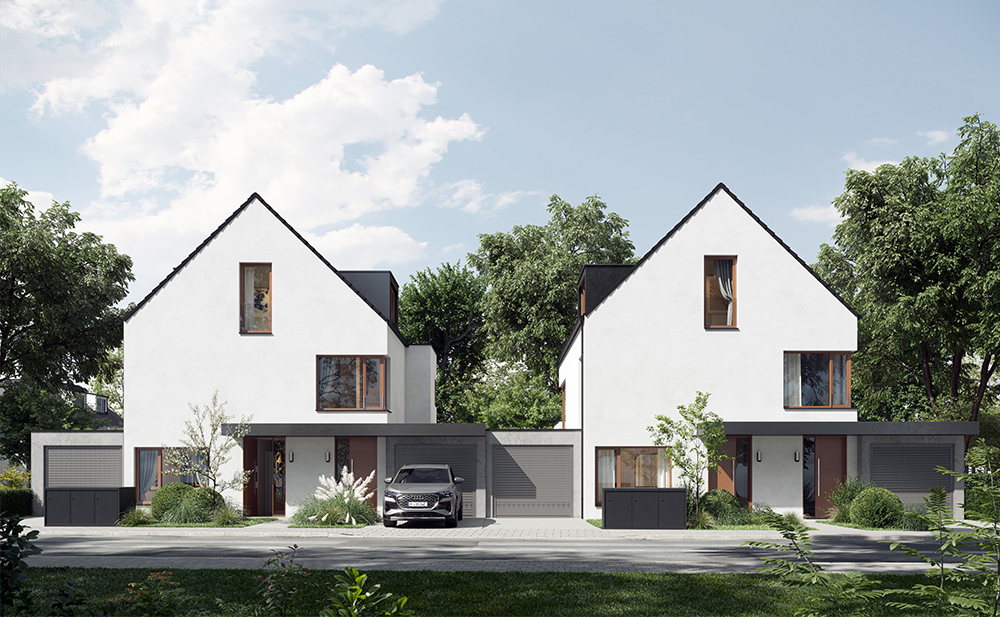 Außenperspektive von Zweifamilienhäusern in München (Rendering)